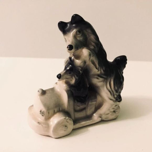 Vintage Husky Dog and Puppy on Small Train 3 Inch Long  Figurine Japan - Picture 9 of 12